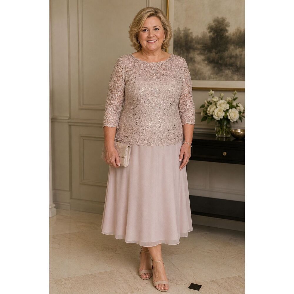 NWT Alex Evenings Tea Length Dress Lace Sequin Bodice Gown Women’s 22W Shell Pin